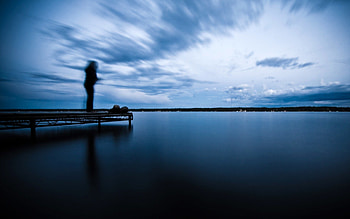 Fishing at Dusk, blue, blue sky, fisherman, sport fishing, dock, lake HD wallpaper