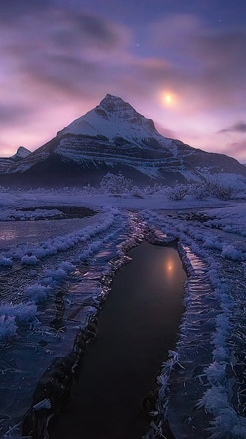moonlight, nature, winter, ice, snow, Canada, water, landscape, night, mountain, winter night, Snowy Mountain, night snow HD phone wallpaper