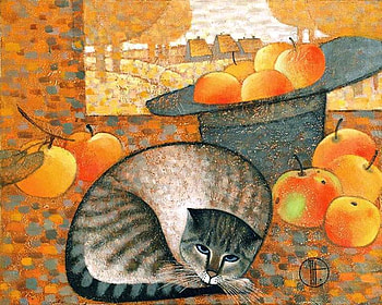 By Natalia Trubina, animal, kitten, painting, art, apple, cat, natalia trubina HD wallpaper