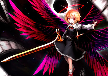 Rumia, Red Eyes, Touhou, Black Sun, Girl, Weapon, Sword, Dress, Wings, Halo, Smirk HD wallpaper