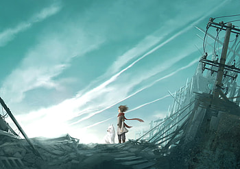 With Friend, dog, art, sandara tang, digital art, fantasy, boy, cg, , sky, friend HD wallpaper