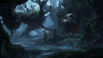 Temple, Swamp, Skull, Fantasy, Dark HD wallpaper