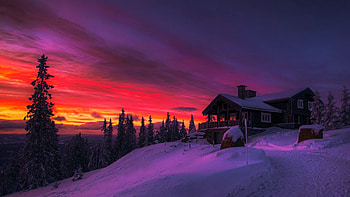 Norwegian Winter Sunset, cabin, snow, trees, clouds, landscape, colors, sky HD wallpaper