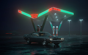 Dodge Challenger RT At Neon Gas Station, dodge-challenger, neon, cars, digital-art, gas-station HD wallpaper