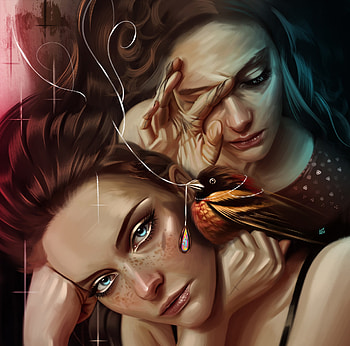 Tears, bird, fantasy, art, portrait, couple, yasar vurdem, girl HD wallpaper