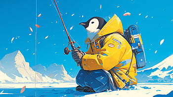 Penguin Angler, fishing rod, penguin HD wallpaper
