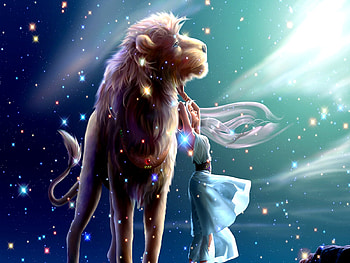 Silent Protector, blue, sparkly, beautiful, lion, orange, woman, elegant, fantasy, lights, sky, protect, graceful, cloud HD wallpaper