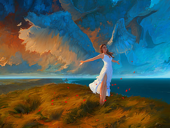 Angel, wings, blue, frumusete, white, art, girl, orange, fantasy, luminos, artem chebokha HD wallpaper