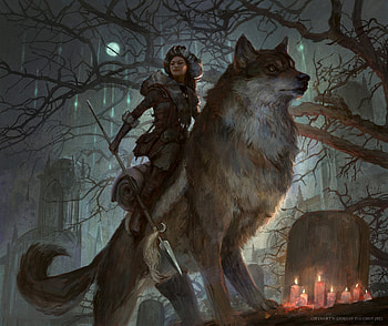 Wolf rider, girl, lup, wolf, rider, dark, night, art, bram sels, fantasy, giant HD wallpaper