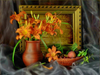 Still life, , frame, vase, beautiful, fruits, orange, border, nice, delicate, pretty, red, flowers, lovely, harmony HD wallpaper
