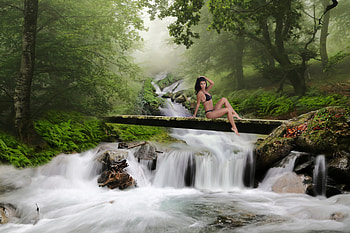 Bikini Model at the Waterfall, bikini, model, brunette, log, waterfall, forest HD wallpaper