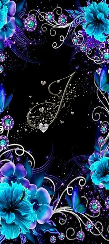 Letter J, flowers, blue, black, hearts, purple, silver, cute HD phone wallpaper
