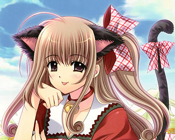 Meow ......, bell, nekomimi, cute, long hair, beauty, nice, cloud, female, brown eyes, sexy, sweet, neko mimi, ribbon, hot, girl, beautiful, tail, kawaii, anime girl, neko, anime, pretty, ears, brown hair, sky, lovely HD wallpaper