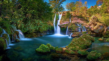 Cascade de Navacelles, Vis River, France, river, leaves, fall, colors, trees, autumn, pond HD wallpaper