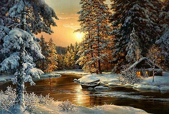Waiting For The Thaw, river, winter, glow, house, ladder, rowing boat, pretty, snow, trees, sunset HD wallpaper