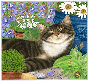 By Anne Mortimer, kitten, anne mortimer, painting, art, daisy, flower, garden, cat HD wallpaper