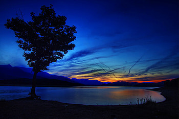 Serenity Blue, blue, lake, serenity, sunset HD wallpaper