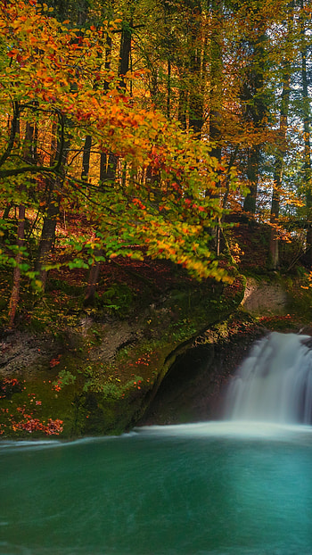 Autumn waterfall, Tranquil setting, Scenic beauty, -perfect HD phone wallpaper