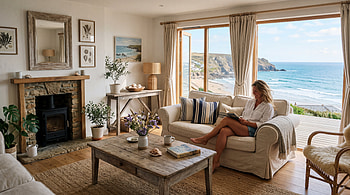 Sunlit Coastal Aesthetic —, Living Room, Sofa, Fireplace HD wallpaper