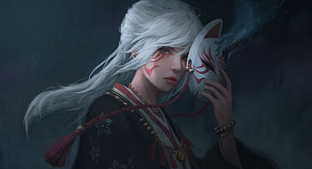 The fox mask, art, shusei sasaya, asian, fantasy, mask, face, girl HD wallpaper