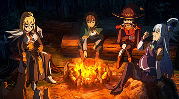 Konosuba - The Anime Group Eating Around A Campfire, Megumin (KonoSuba), Aqua (KonoSuba), Kazuma Satou, Darkness (KonoSuba), Anime HD wallpaper