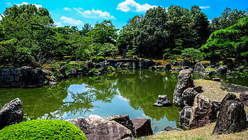 Tranquil Japanese garden with rocks, pond, and lush greenery under a clear sunny sky. HD wallpaper