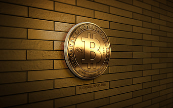 Bitcoin golden logo, , yellow brickwall, creative, cryptocurrency, Bitcoin 3D logo, Bitcoin logo, 3D art, Bitcoin HD wallpaper