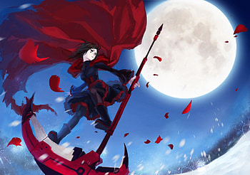 Ruby, night, RWBY, girl, scythe, anime, moon, red, weapon, manga, female HD wallpaper