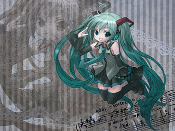 Hatsune Miku, awesome, song notes, artistic, nice, hatsune, aqua eyes, notes, sexy, white, art, twintail, hot, girl, singer, aqua, anime girl, anime, pretty, virtual, blue, shadow, black, song, litttle, cute, vocaloid, beauty, miku, music, chibi, vocaloids, thighhighs, program, skirt, beautiful, diva, tie, gray, music note, aqua hair, cool, idol HD wallpaper