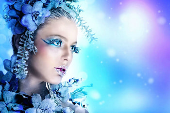 Winter beauty, blue, winter, model, girl, beauty, woman, pink, make-up, flower, face, orchid HD wallpaper