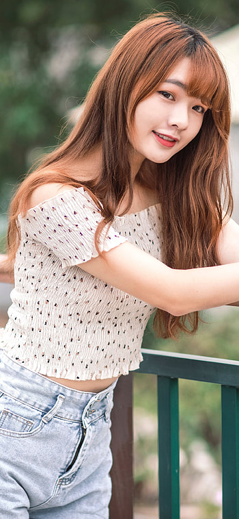 depth of field, long hair, brunette, model, woman, asian HD phone wallpaper