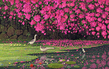 Geese Under Pink Blossom Trees, duck, blossom, artist, artwork, digital-art, pixiv HD wallpaper