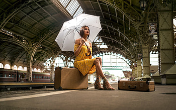 Adventure Awaits, umbrella, women, suitcase, trainstation HD wallpaper