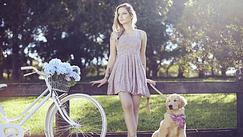 gorgeous blonde with bicycle with canine, sexy, teen, hot, cute, girl HD wallpaper
