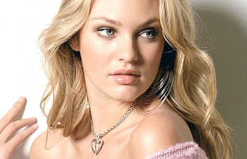 Candice Swanepoel, model, blue eyes, blonde, necklace, girl, beauty, woman, pink, heart HD wallpaper