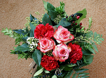 Flowers, Roses, Leaves, Carnations, Greens, Bouquet, Composition HD wallpaper