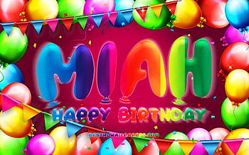 Happy Birtay Miah, , colorful balloon frame, Miah name, purple background, Miah Happy Birtay, Miah Birtay, popular american female names, Birtay concept, Miah HD wallpaper