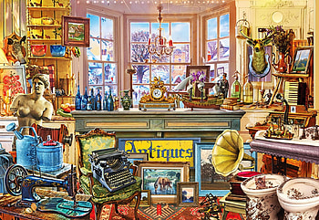 Antique Shoppe, sewing machine, painting, room, window, utensils, grammo, typewriter HD wallpaper