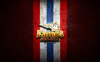 Geleen Eaters, golden logo, BeNe League, red metal background, dutch hockey team, Geleen Eaters logo, hockey HD wallpaper