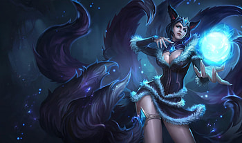 Ahri, games, cat ears, tails, blue eyes, dark hair, league of legends, video games, female HD wallpaper