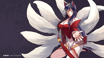 Ahri, games, yellow eyes, tails, purple background, long hair, neko, league of legends, video games, game, nine tails, female HD wallpaper
