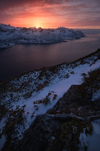 Winter, Nature, Sunset, Mountains, Snow, Lake HD phone wallpaper
