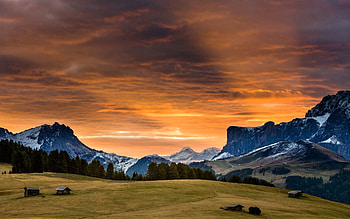 Nature, Sunset, Grass, Sky, Snowy Mountains HD wallpaper
