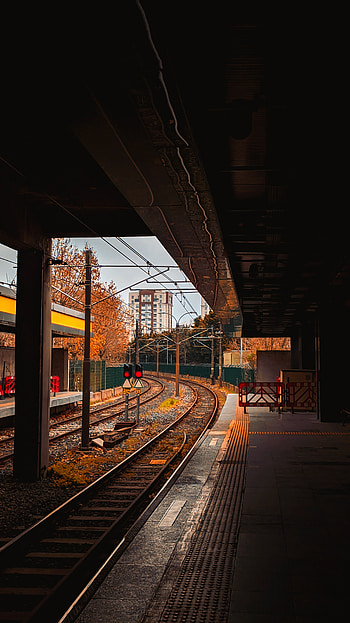 Rails, Metro, rolling, Rails, tints and shades, Autumn, Turkey, İstanbul, Train, Station, Trees, lights HD phone wallpaper