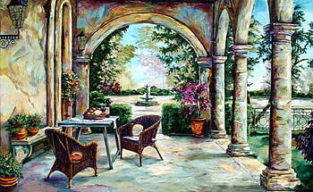 Peaceful Place, artwork, table, fountain, armchairs, flowers, veranda HD wallpaper