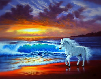 White Horse, sea, artwork, painting, clouds, colors, sky, sunset, beach HD wallpaper