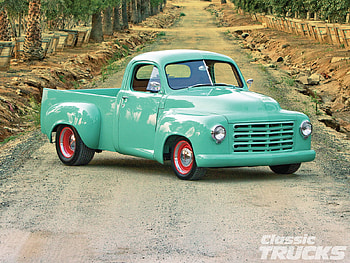 Studebaker 50, red rims, country road, aqua, truck HD wallpaper