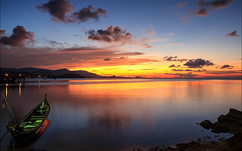 Landscape, Nature, Sunset, Evening, Boat, Bay HD wallpaper