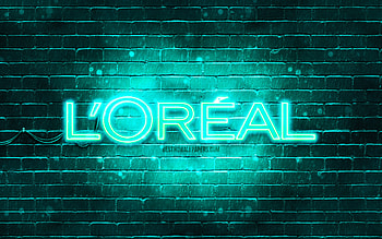 Loreal turquoise logo, , turquoise brickwall, Loreal logo, brands, Loreal neon logo, Loreal HD wallpaper