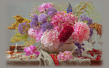 Summer Still Life, glass, berries, still life, flowers, shell HD wallpaper